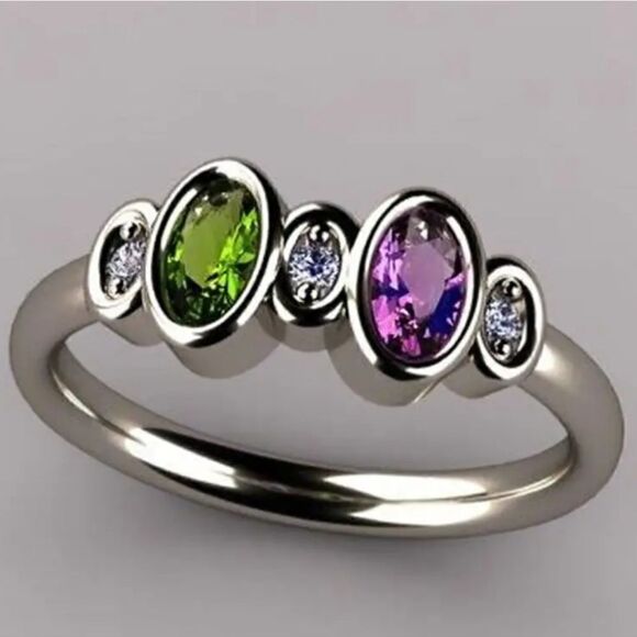 Amethyst & Peridot Oval Silver Plated Ring - Picture 1 of 10